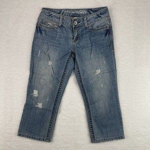 Aeropostale Women's Blue Jeans Size (5/6) Distressed Embroidered Capri